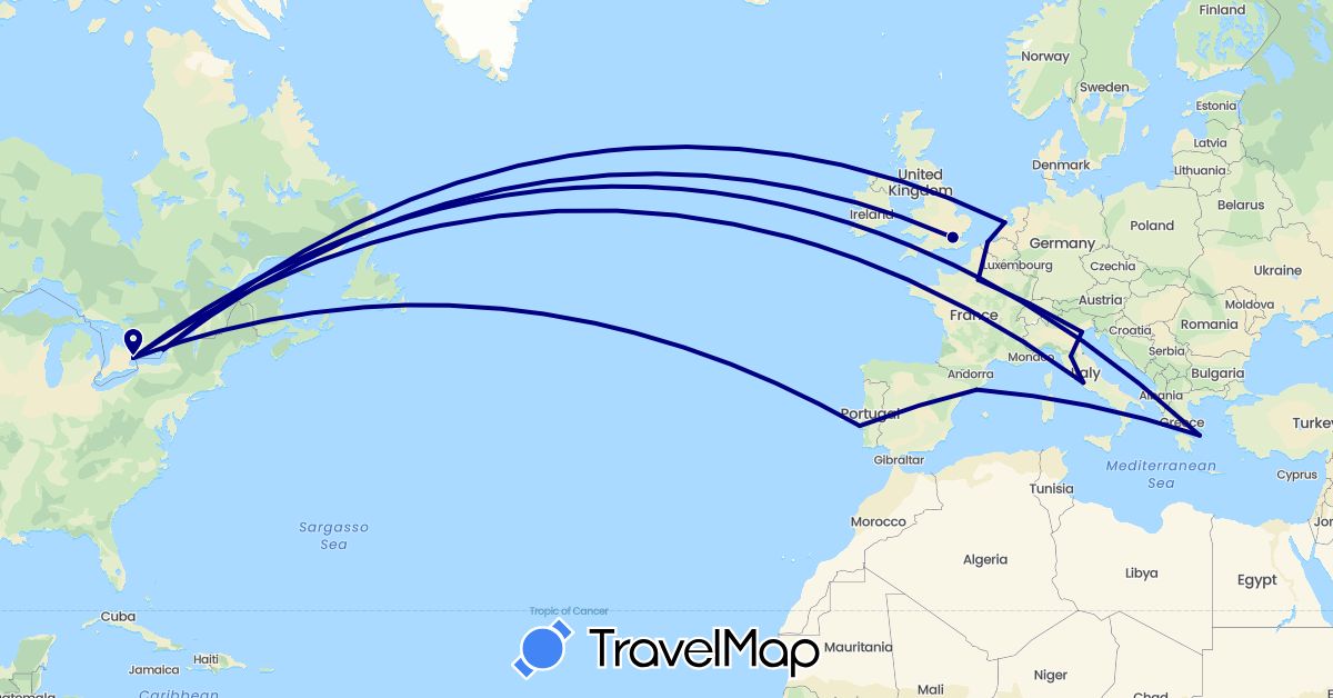 TravelMap itinerary: driving in Belgium, Canada, Spain, France, United Kingdom, Greece, Italy, Netherlands, Portugal (Europe, North America)